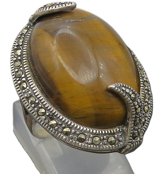 925 Silver   Vintage Tiger's Eye & Marcasite Oval Cocktail Ring Sz 6  RG11665