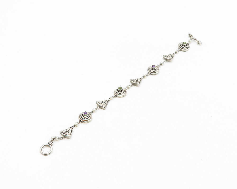 MWD 925 Silver  Vintage Peridot Amethyst & Petite Pearls Chain Bracelet BT7106