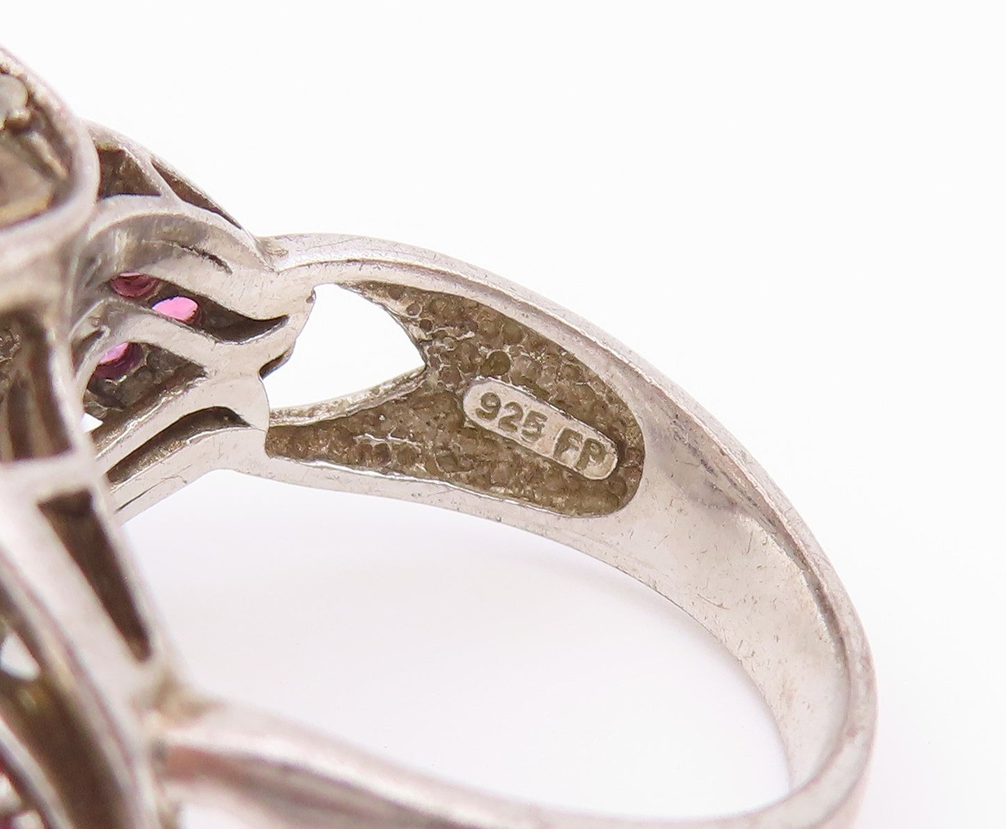 925 Sterling Silver Vintage Ring Rose Quartz & Ruby Statement Band Sz 9 RG36432