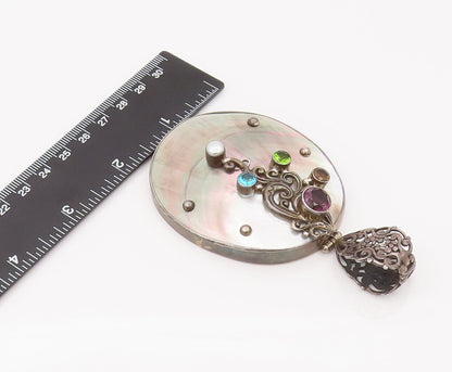 925 Silver  Vintage Abalone Shell Pearl Amethyst Peridot Topaz Pendant PT22227