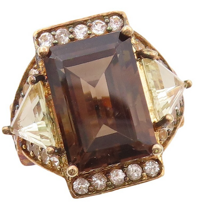 925 Sterling Silver Vintage Ring Gold Plated Smoky Quartz & Topaz  Sz 6  RG30770