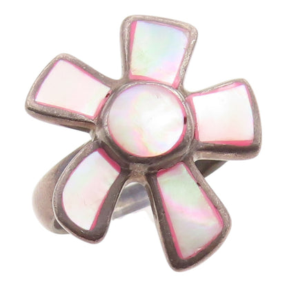 925 Sterling Silver Vintage Ring Classic Mother Of Pearl Flower  Sz 8  RG35844