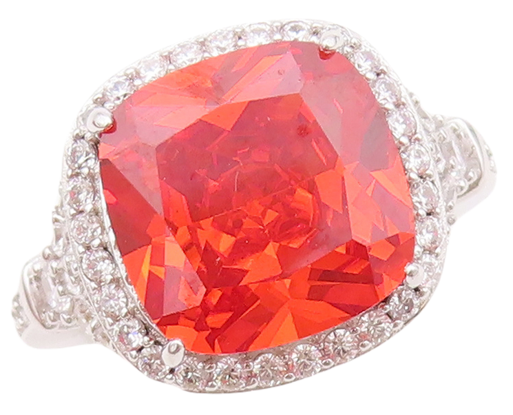 925 Sterling Silver Vintage Ring Square Orange Halo White CZ  Sz 7 RG30359