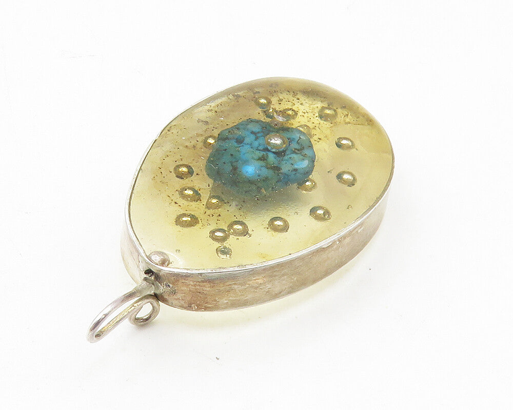 925 Sterling Silver  Vintage Turquoise Glass Art Oval Drop Pendant  PT7987