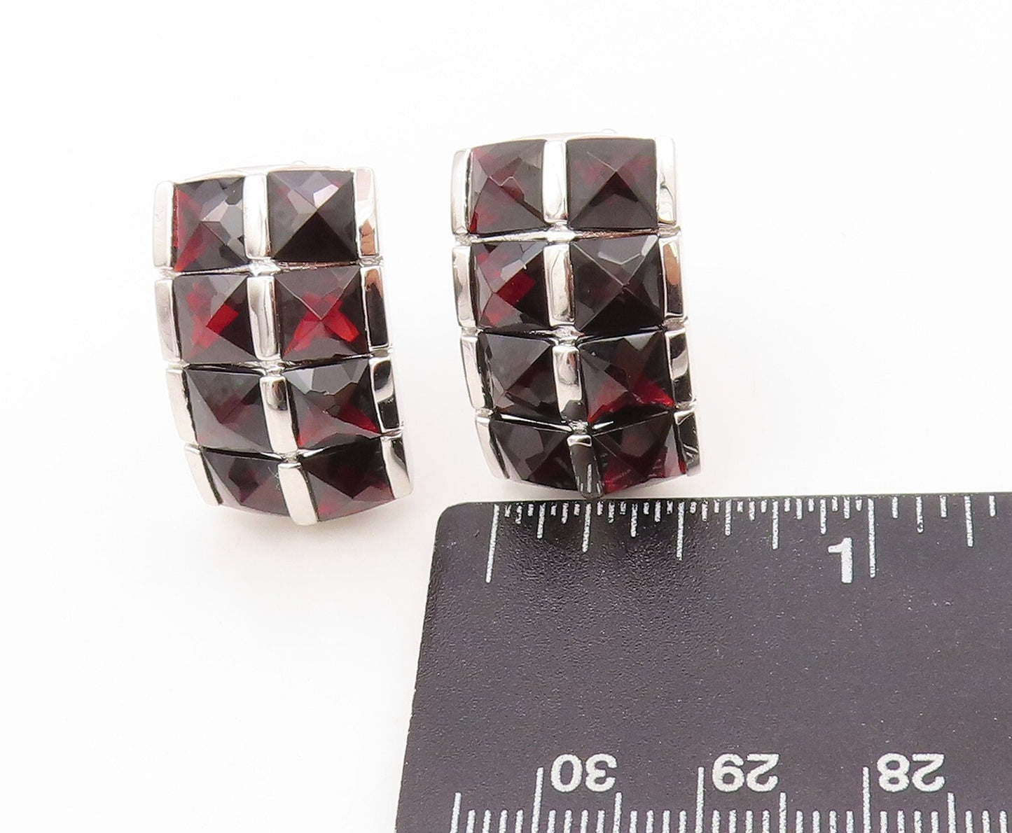 925 Sterling Silver Vintage Earrings Two Row Inside Out Garnet Inlay  EG13398