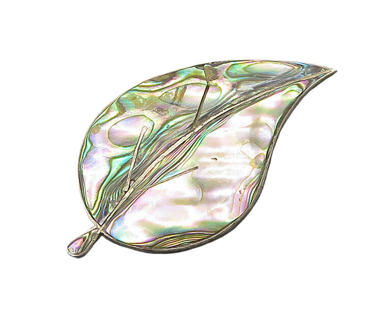MEXICO 925 Silver  Vintage Abalone Shell Floral Leaf Motif Brooch Pin  BP7683