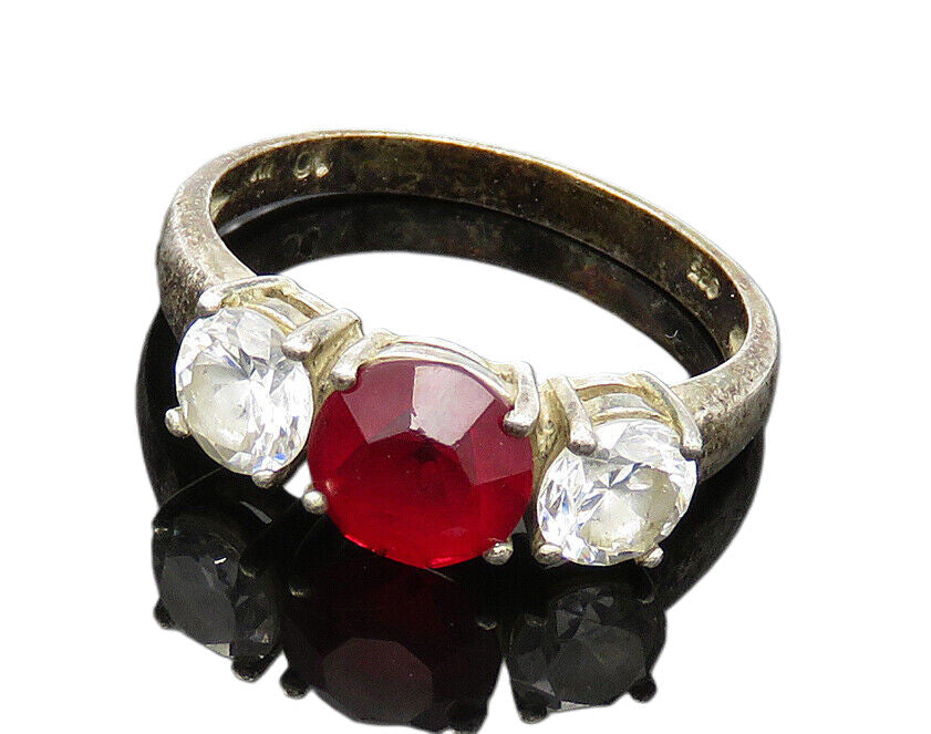 925 Silver  Vintage Pink Topaz & Cubic Zirconia Band Ring Sz 10  RG20627
