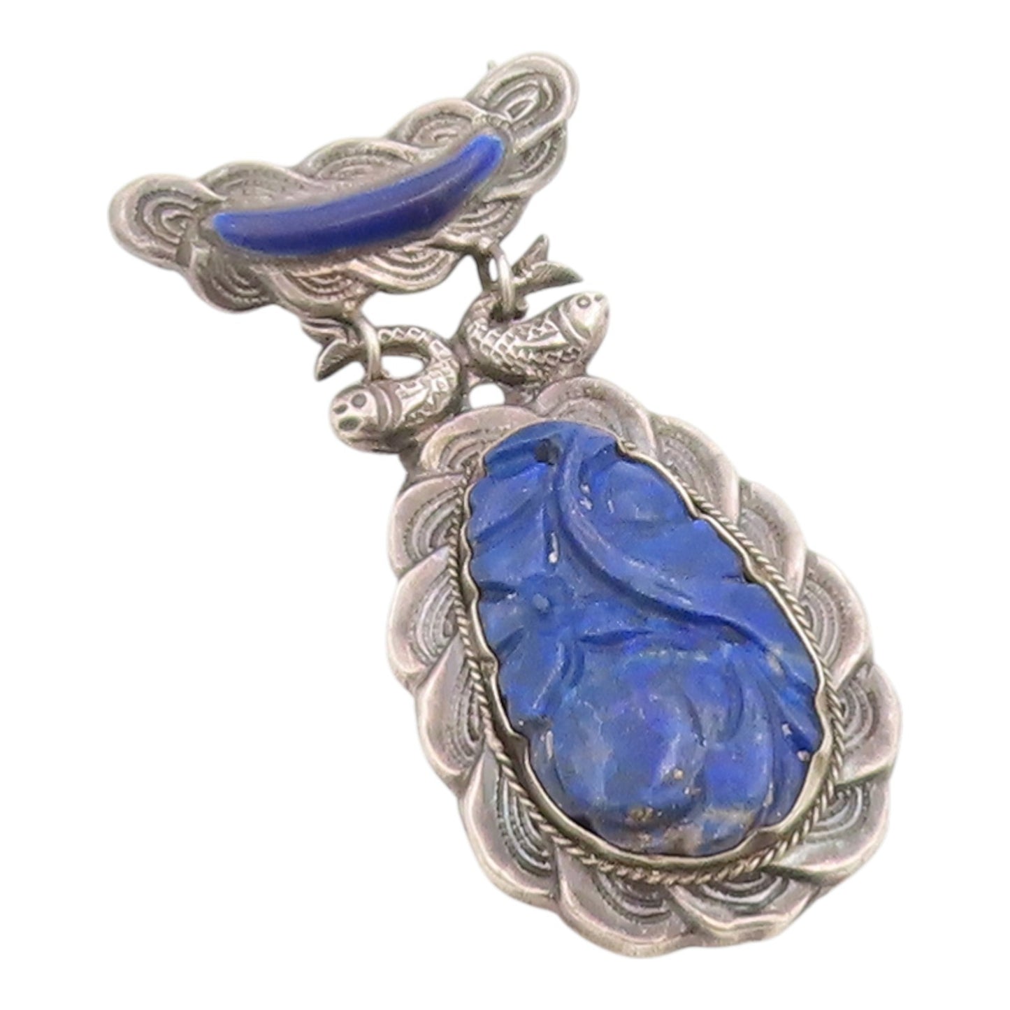 925 Sterling Silver Vintage Brooch Pin CHINESE EXPORT Lapis Lazuli  BP12532
