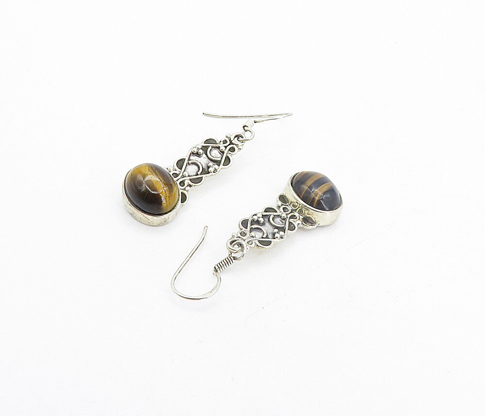925 Sterling Silver  Vintage Cabochon Cut Tiger's Eye Dangle Earrings  EG3443