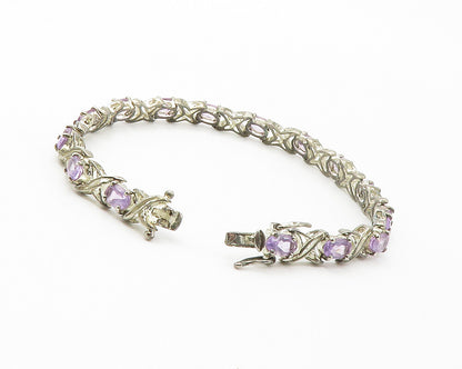 925 Sterling Silver  Vintage Amethyst XO Hugs & Kisses Chain Bracelet  BT5752
