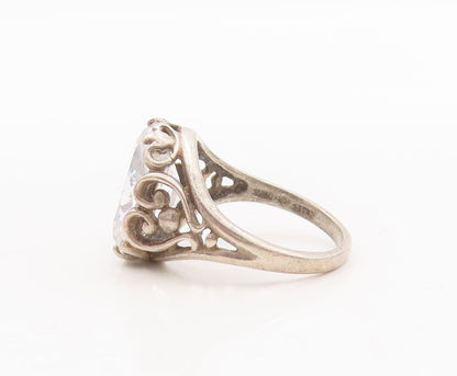 925 Sterling Silver Vintage Ring Cutout Heart Design Oval CZ  Sz 6  RG29060