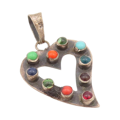 925 Sterling Silver Vintage Pendant Antique Gemstone Cutout Heart  PT24273
