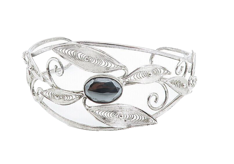 925 Sterling Silver  Faceted Hematite Filigree Floral Cuff Bracelet  BT3467