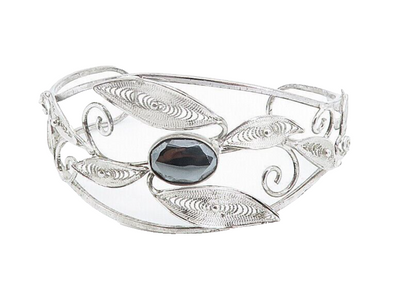 925 Sterling Silver  Faceted Hematite Filigree Floral Cuff Bracelet  BT3467