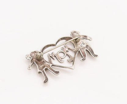 925 Sterling Silver Vintage Brooch Pin Cutout Children Love Heart Mom  BP11092