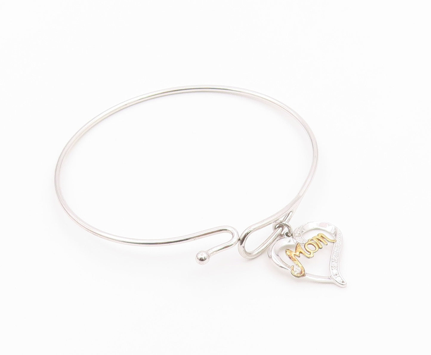 925 Sterling Silver  Genuine Diamond Mom Love Heart Bangle Bracelet  BT8264