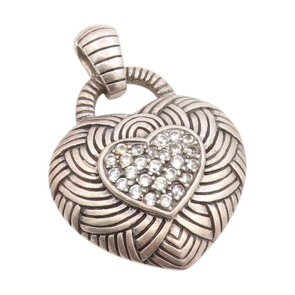 925 Sterling Silver Vintage Pendant Round Topaz Woven Braided Love Heart PT25445