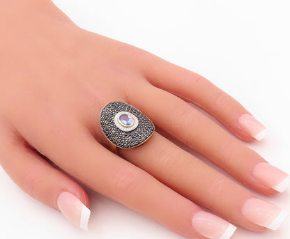 925 Sterling Silver Vintage Ring Gold Plate 2 Tone CZ & Spinel  Sz 7  RG30162