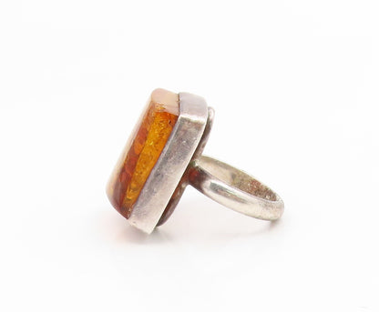 925 Sterling Silver Vintage Ring Amber Geometric Square Band  Sz 7.5  RG35265