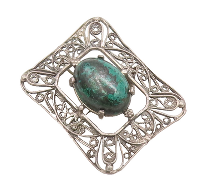 925 Sterling Silver Vintage Brooch Pin Green Moss Agate Swirly Cutout  BP11006