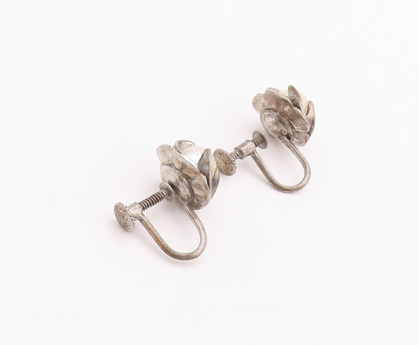 925 Sterling Silver Vintage Earrings Designer Dark Tone Pearl Studs  EG13445