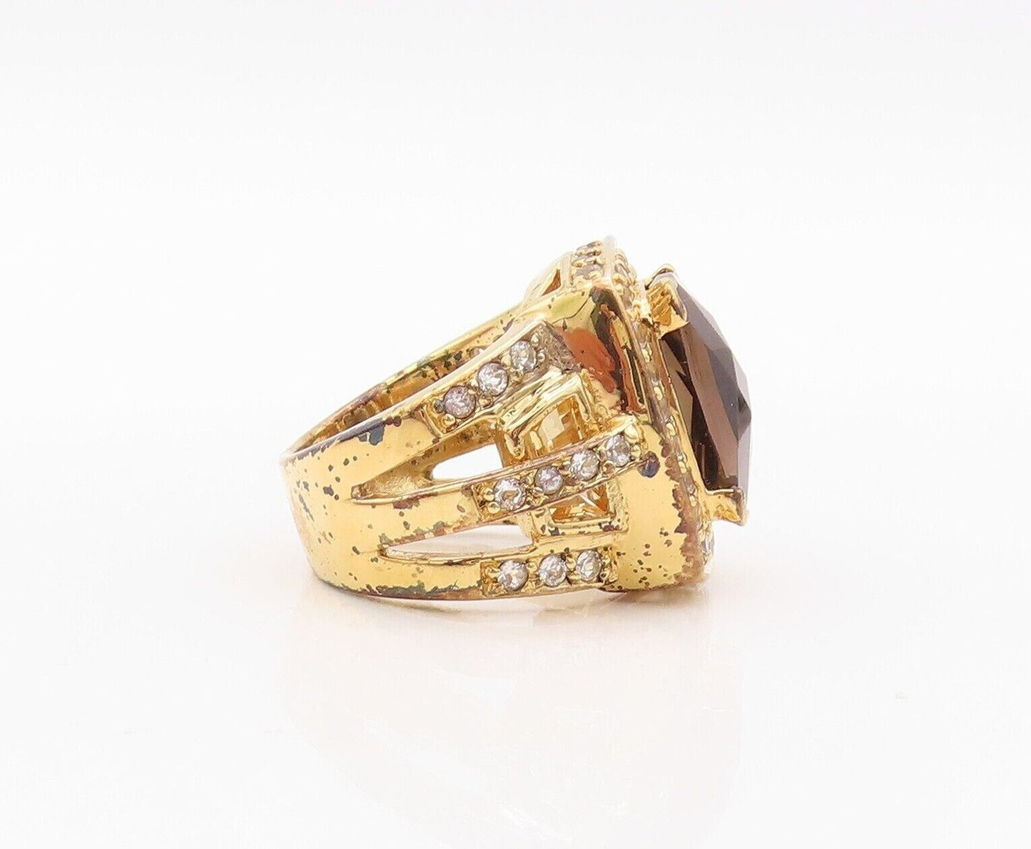 925 Sterling Silver Vintage Ring Gold Plated Smoky Quartz & Topaz  Sz 7  RG29975