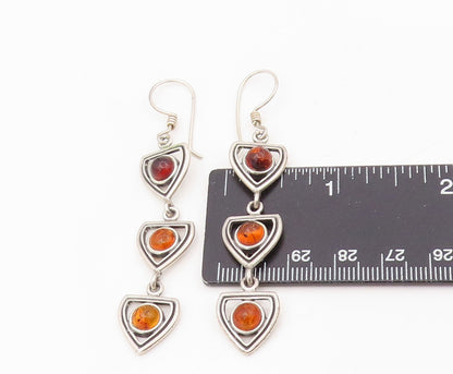 925 Sterling Silver Vintage Earrings Cabochon Amber Geometric Dangles  EG13876