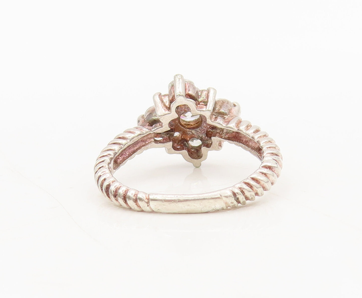 925 Sterling Silver  Vintage Twisted Rope CZ Beaded Floral Ring Sz 4  RG27428