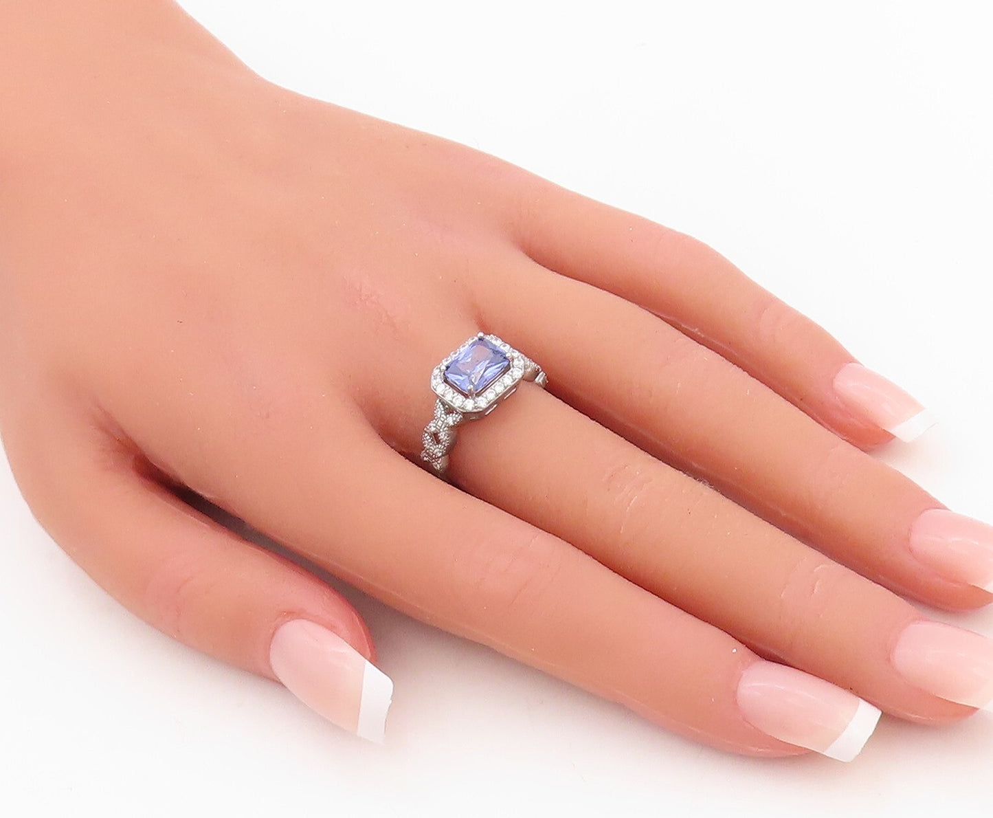 925 Sterling Silver Vintage Ring Rectangle Cut Sapphire Halo CZ  Sz 7  RG30138