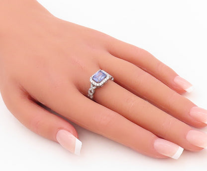 925 Sterling Silver Vintage Ring Rectangle Cut Sapphire Halo CZ  Sz 7  RG30138