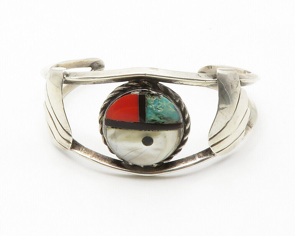 ZUNI 925 Silver  Vintage Mother Of Pearl & Turquoise Cuff Bracelet  BT5483