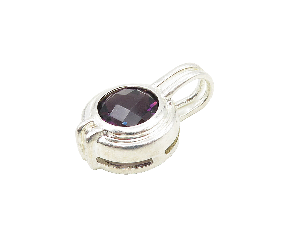 925 Sterling Silver  Faceted Amethyst Shiny Round Pendant  PT14204