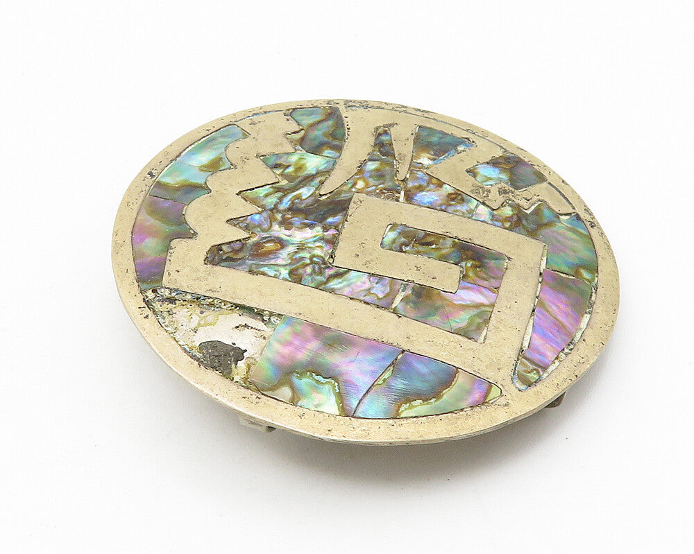AH MEXICO 925 Silver  Vintage Inlaid Abalone Shell Pattern Brooch Pin  BP4289
