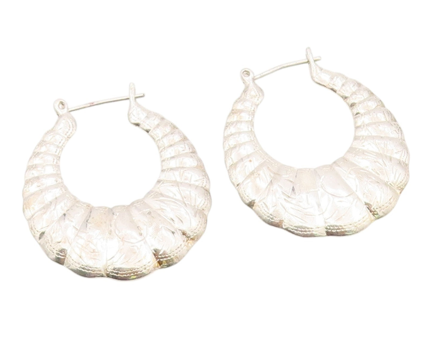925 Sterling Silver Vintage Earrings Modernist Etched Croissant Hoops  EG14409