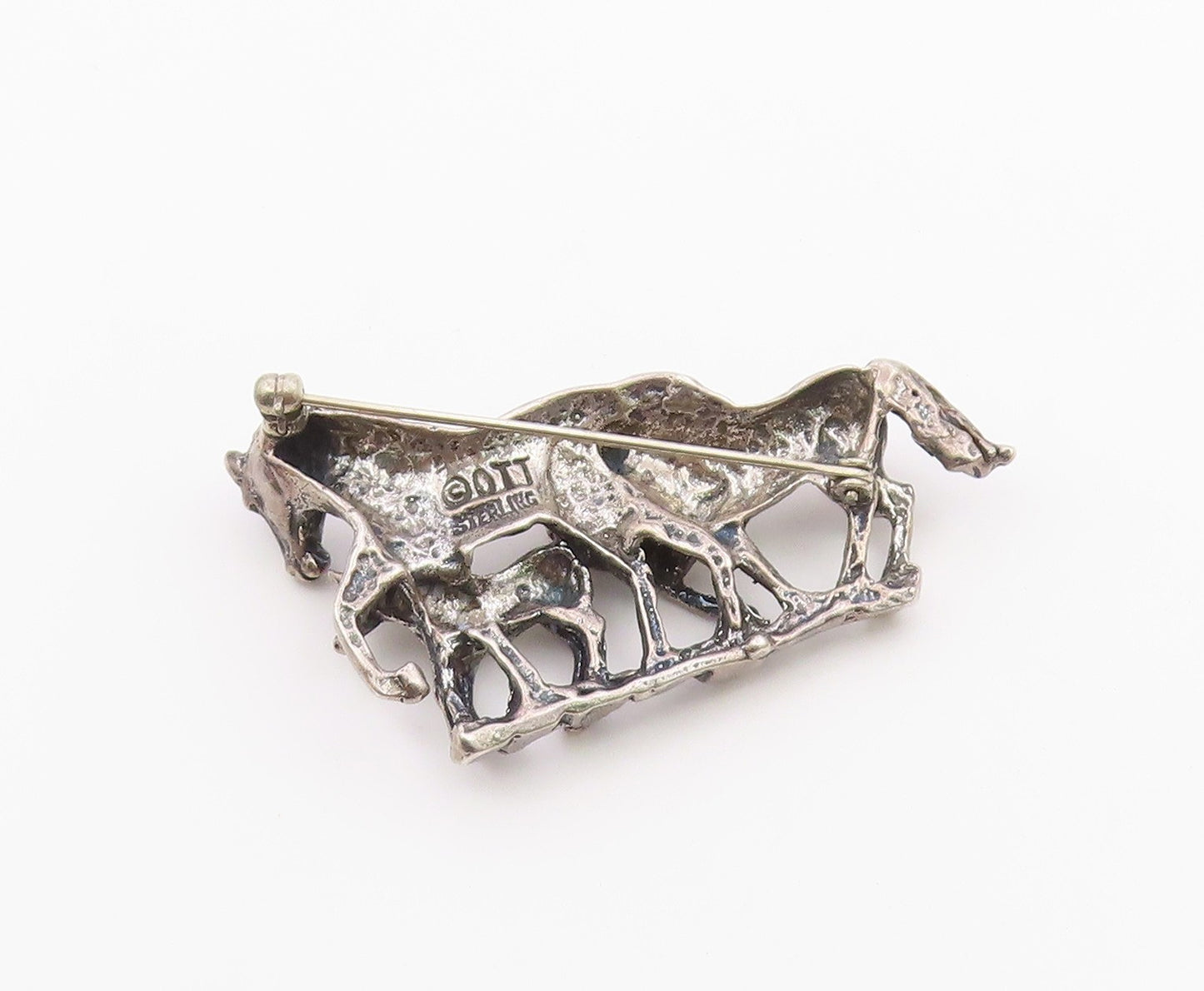 OTT 925 Silver  Vintage Shiny Dark Tone Horse Family Heavy Brooch Pin  BP8163
