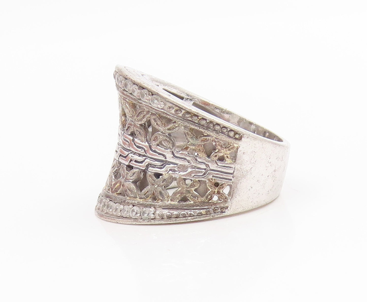925 Sterling Silver Vintage Ring CZ Floral Openwork Wide Band  Sz 8.5  RG34372
