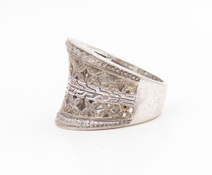 925 Sterling Silver Vintage Ring CZ Floral Openwork Wide Band  Sz 8.5  RG34372