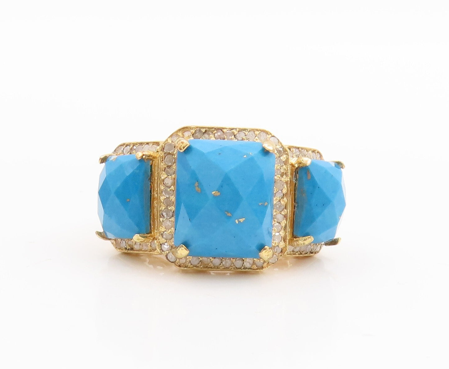 925 Sterling Silver Vintage Ring Gold Plated Diamonds &Turquoise  Sz 7.5 RG29242