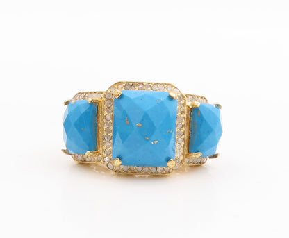 925 Sterling Silver Vintage Ring Gold Plated Diamonds &Turquoise  Sz 7.5 RG29242