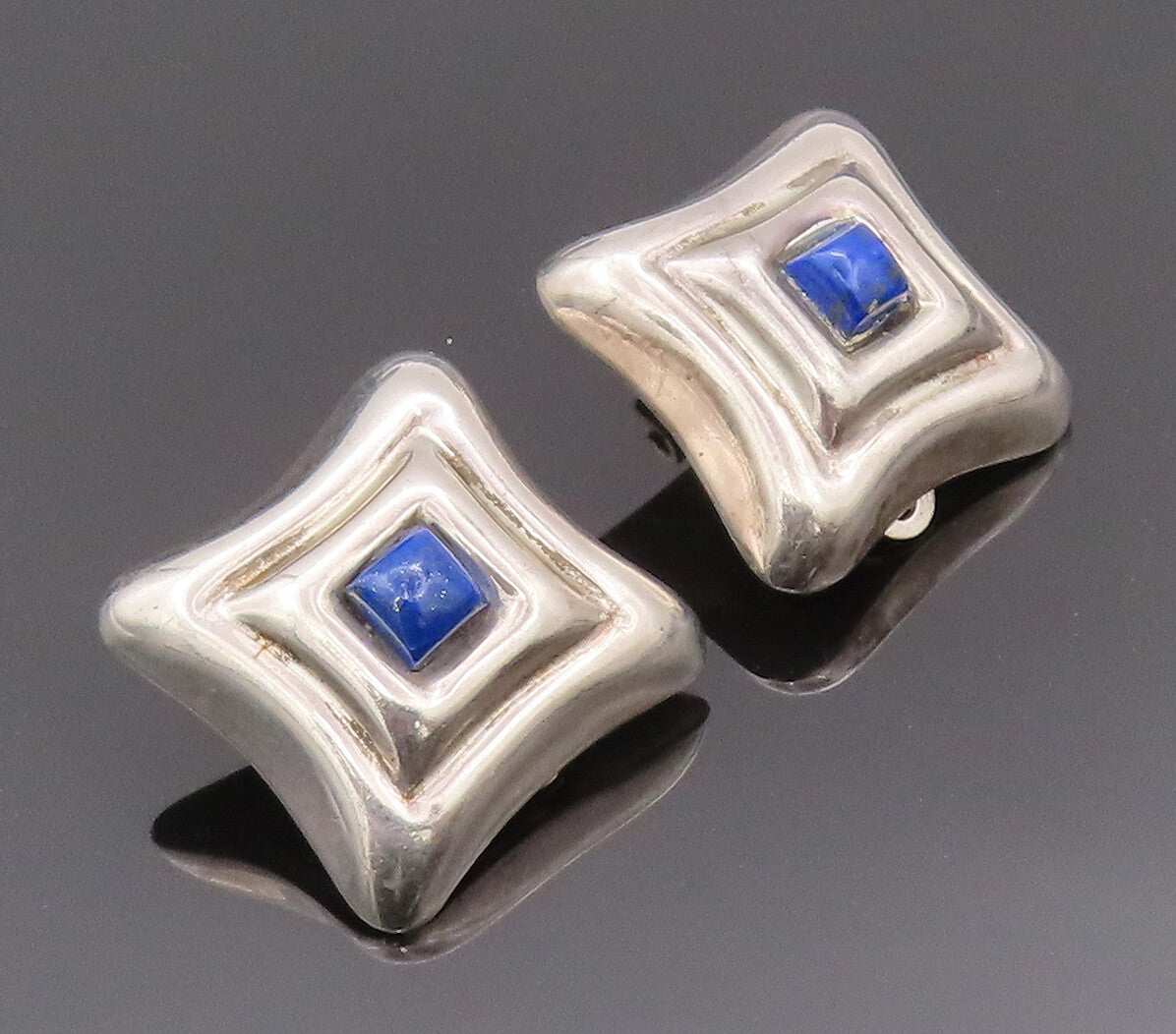 925 Sterling Silver Earrings MEXICO Brutalist Square Carved Lapis Lazuli EG12839