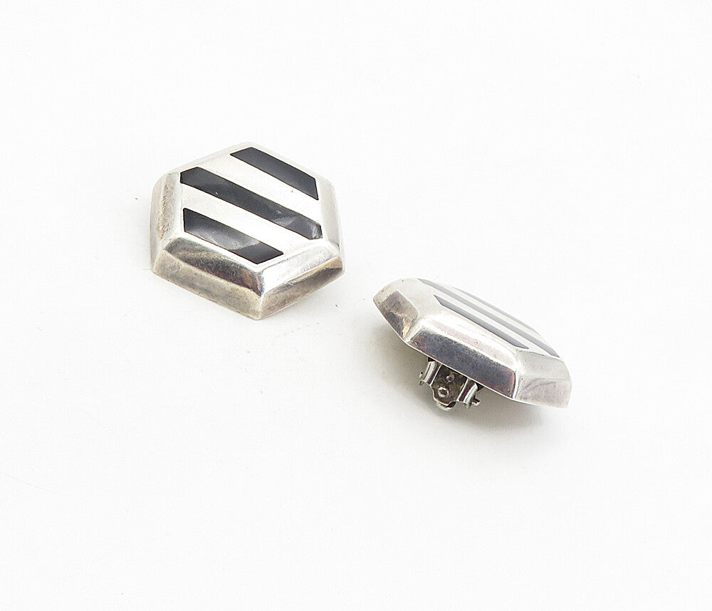 MEXICO 925 Sterling Silver Vintage Black Onyx Hexagon Non Pierce Earrings EG4591