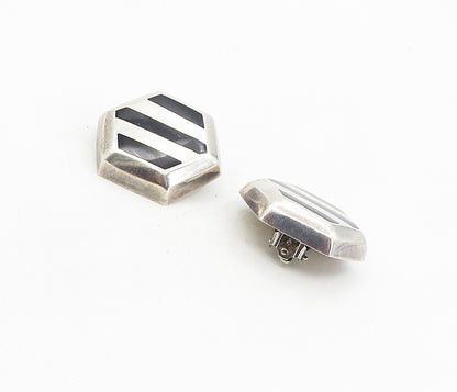 MEXICO 925 Sterling Silver Vintage Black Onyx Hexagon Non Pierce Earrings EG4591