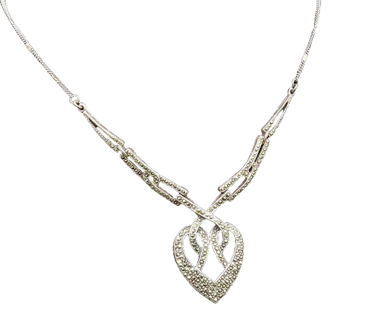 925 Sterling Silver  Vintage Twisted Marcasite Love Heart Necklace  NE3907