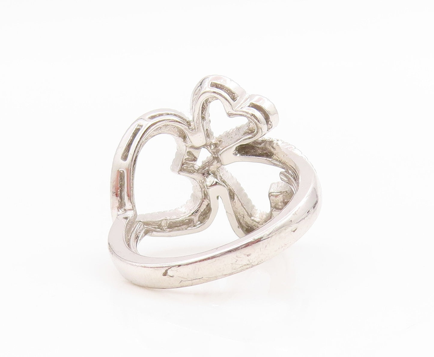 925 Sterling Silver Vintage Ring CZ Intertwined Triple Love Heart  Sz 7  RG34624