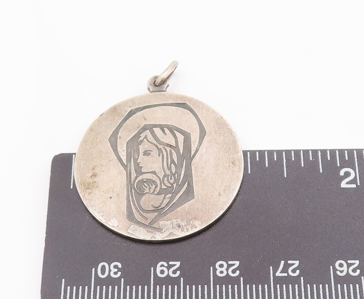 925 Sterling Silver Vintage Pendant Religious Carved Mother Mary Coin  PT22967