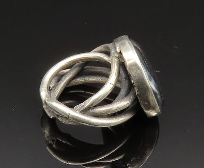 925 Silver  Vintage Hematite Brutalist Crisscross Shank Ring Sz 8  RG24867