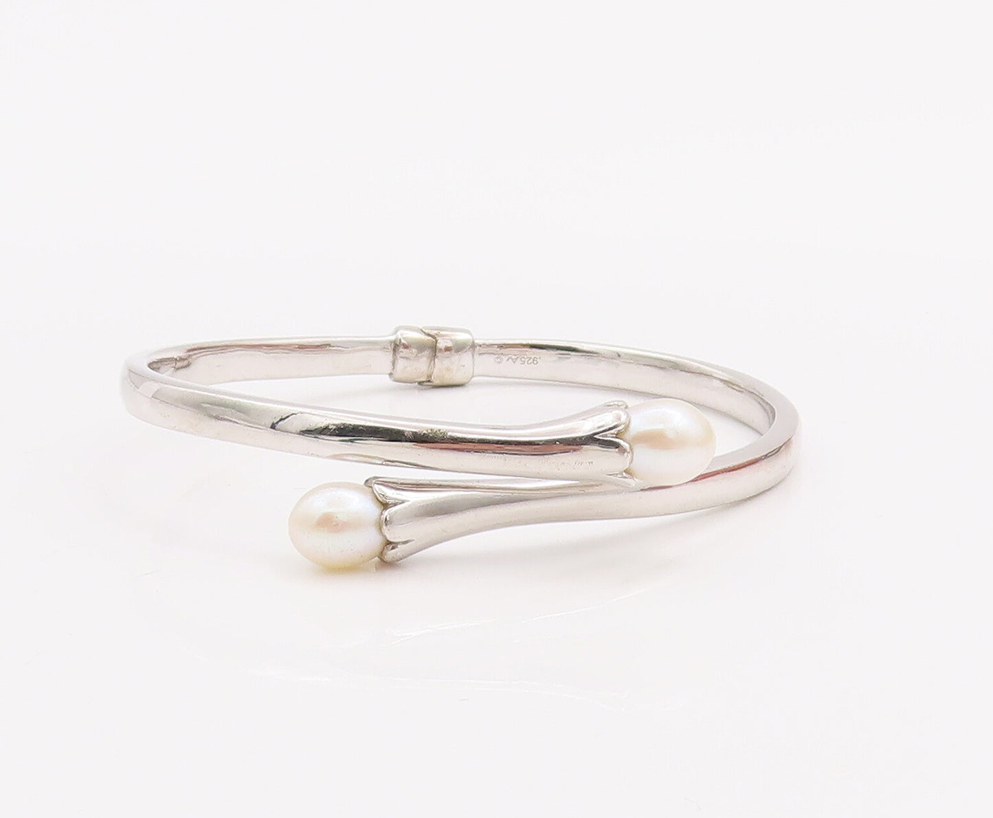 925 Sterling Silver Vintage Bracelet Hinged Solid  Pearls Beaded bypass  BT10317