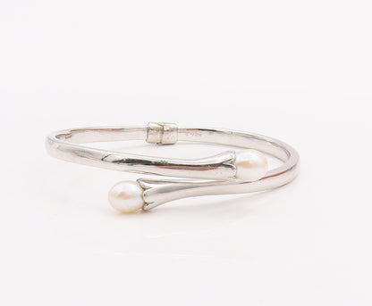925 Sterling Silver Vintage Bracelet Hinged Solid  Pearls Beaded bypass  BT10317
