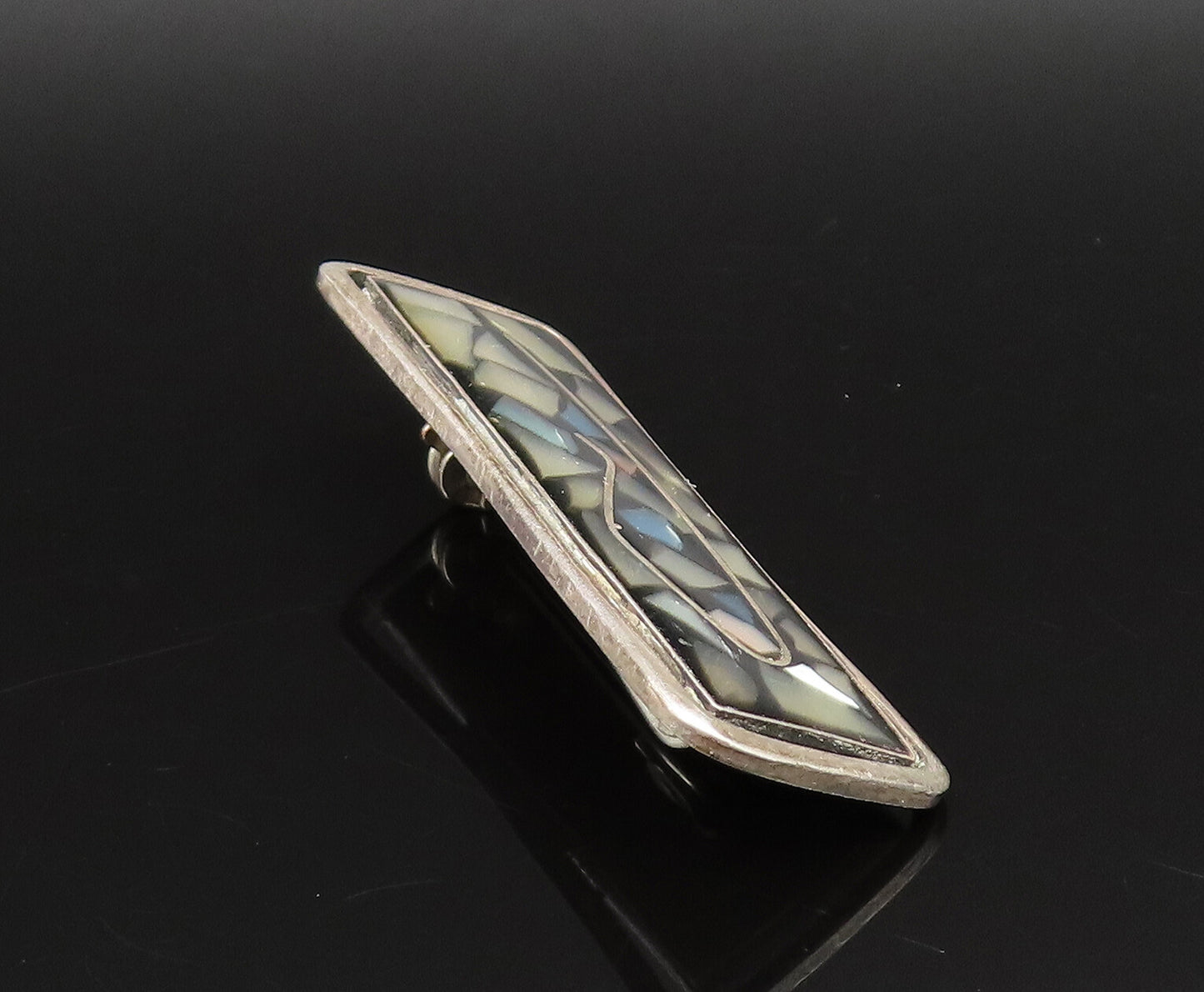 ISRAEL 925 Silver  Vintage Multi Mother Of Pearl & Onyx Brooch Pin  BP9808