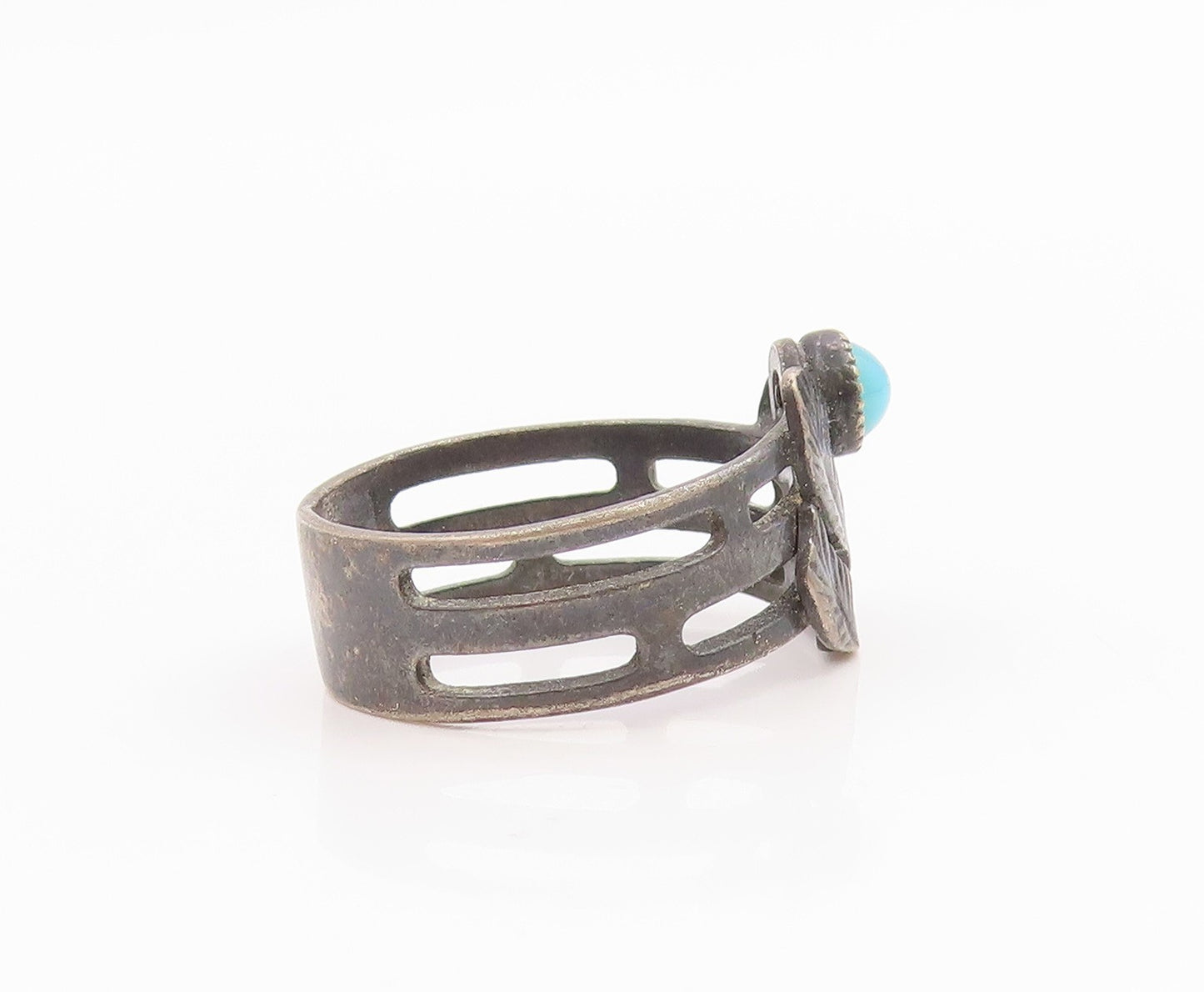 925 Sterling Silver Vintage Ring EAST EUROPE Turquoise Etched Leaf Sz 7 RG35735